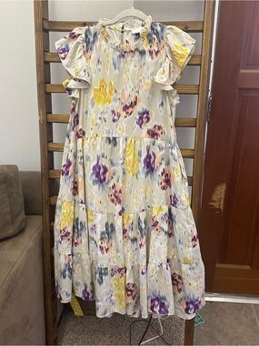 Pinch by Anthropology Cream Midi Dress with Yellow & Purple Floral Print